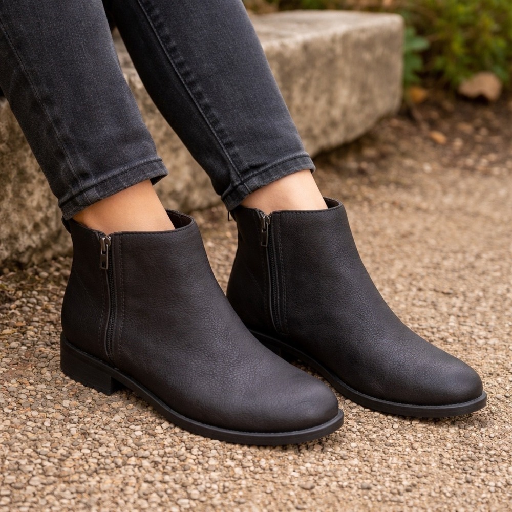 Frye and Co Women Black Leather Ankle Bootie Side Zip Low Heel 7.5M 3470711-BLK
